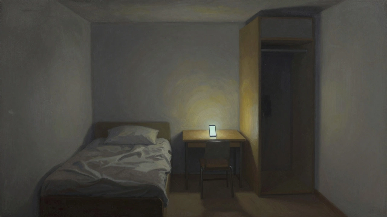 A small, overcrowded subdivided apartment with a glowing smartphone on a table.