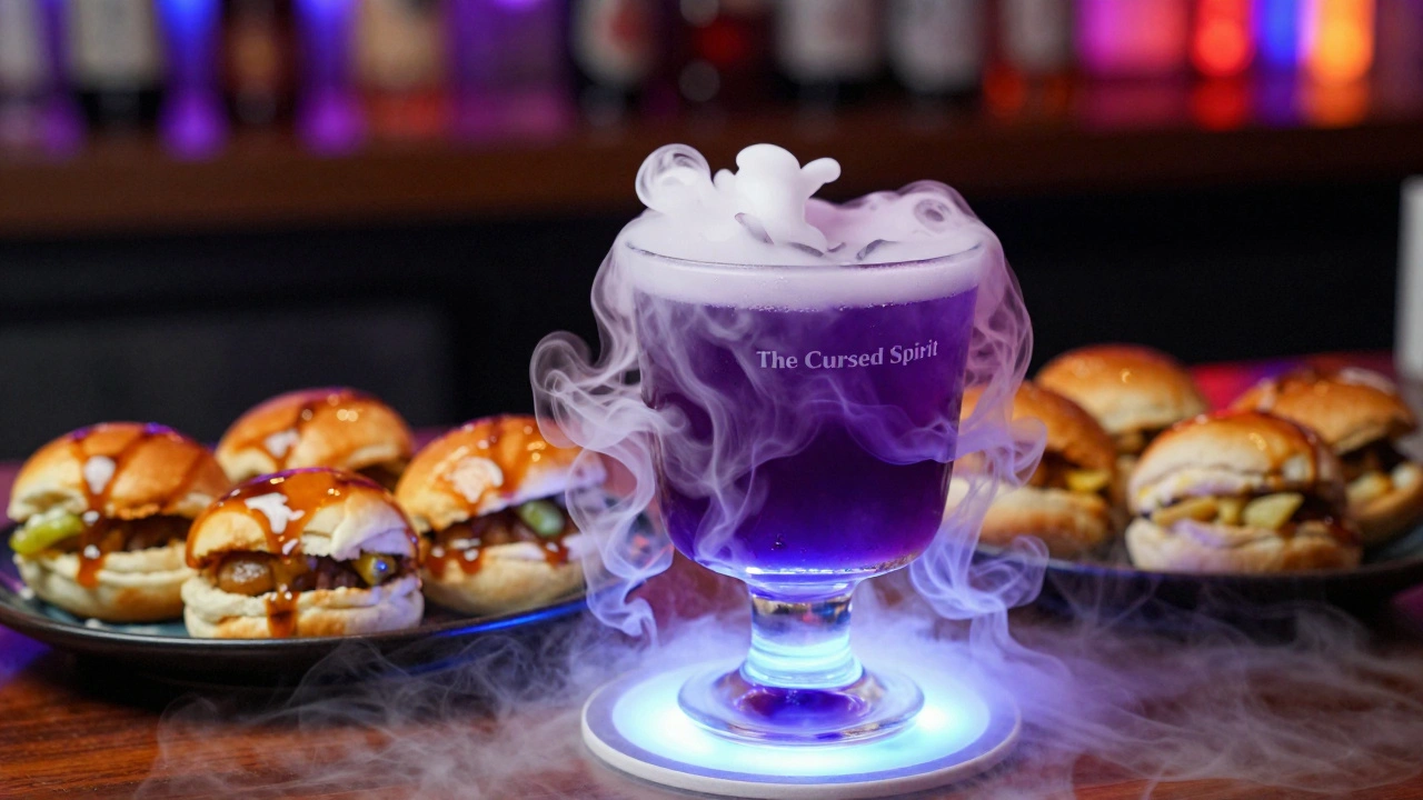 A smoking violet themed cocktail and miso sliders on a glowing coaster in a neon bar