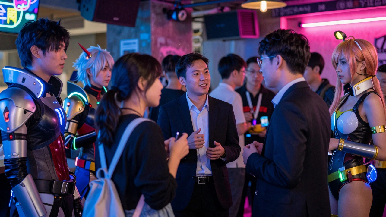Cosplayers in futuristic LED gear socializing at a cyberpunk-themed anime bar event