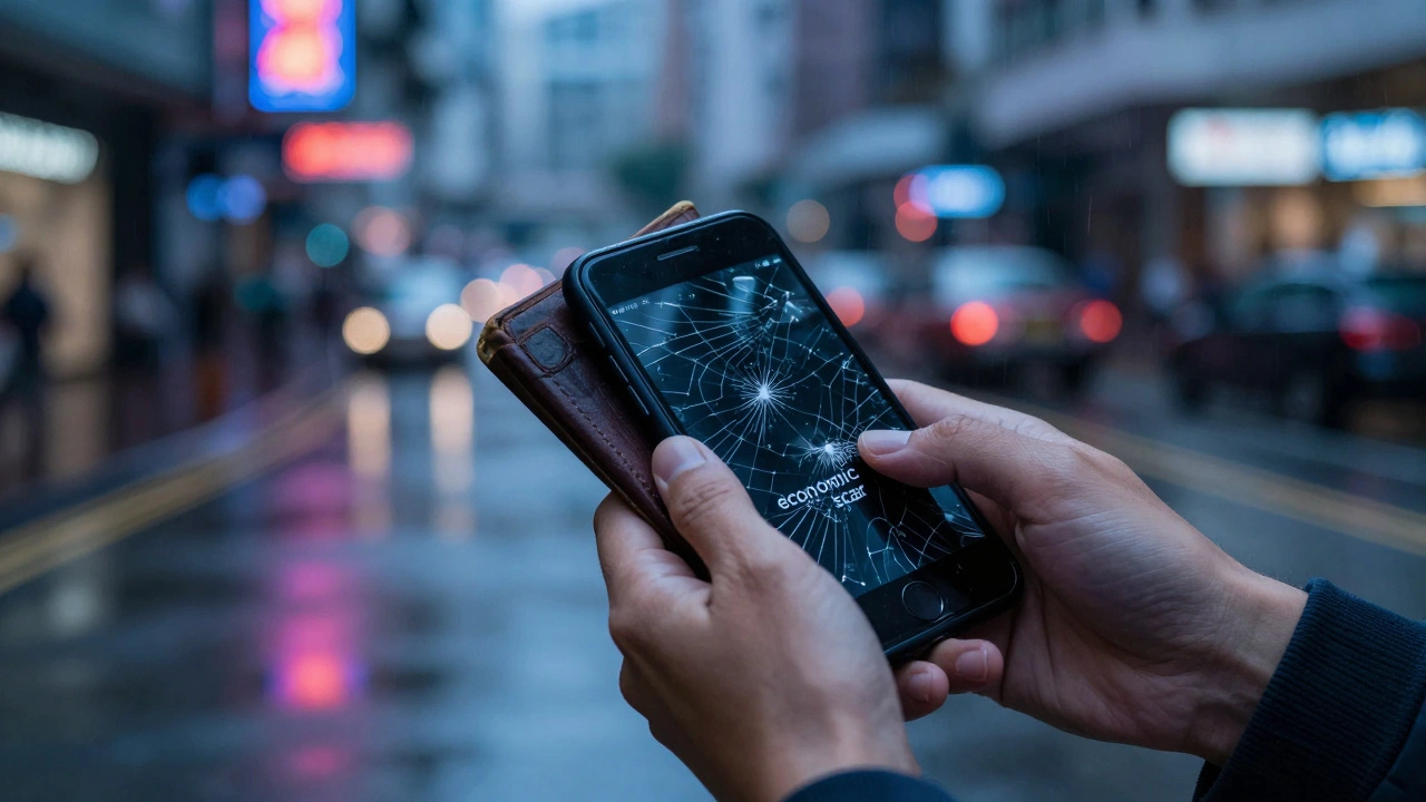 Hands holding a cracked phone and wallet against a rainy Hong Kong city backdrop.
