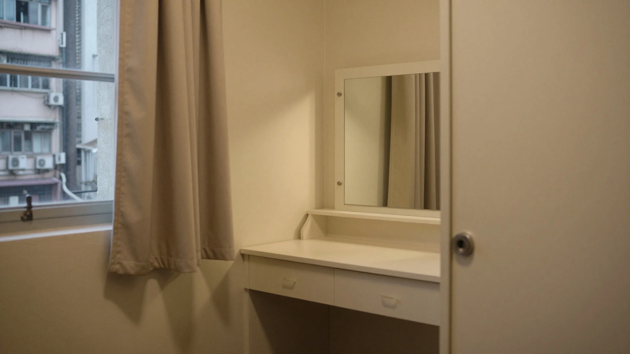 Interior of a small, discreet residential apartment studio in Hong Kong