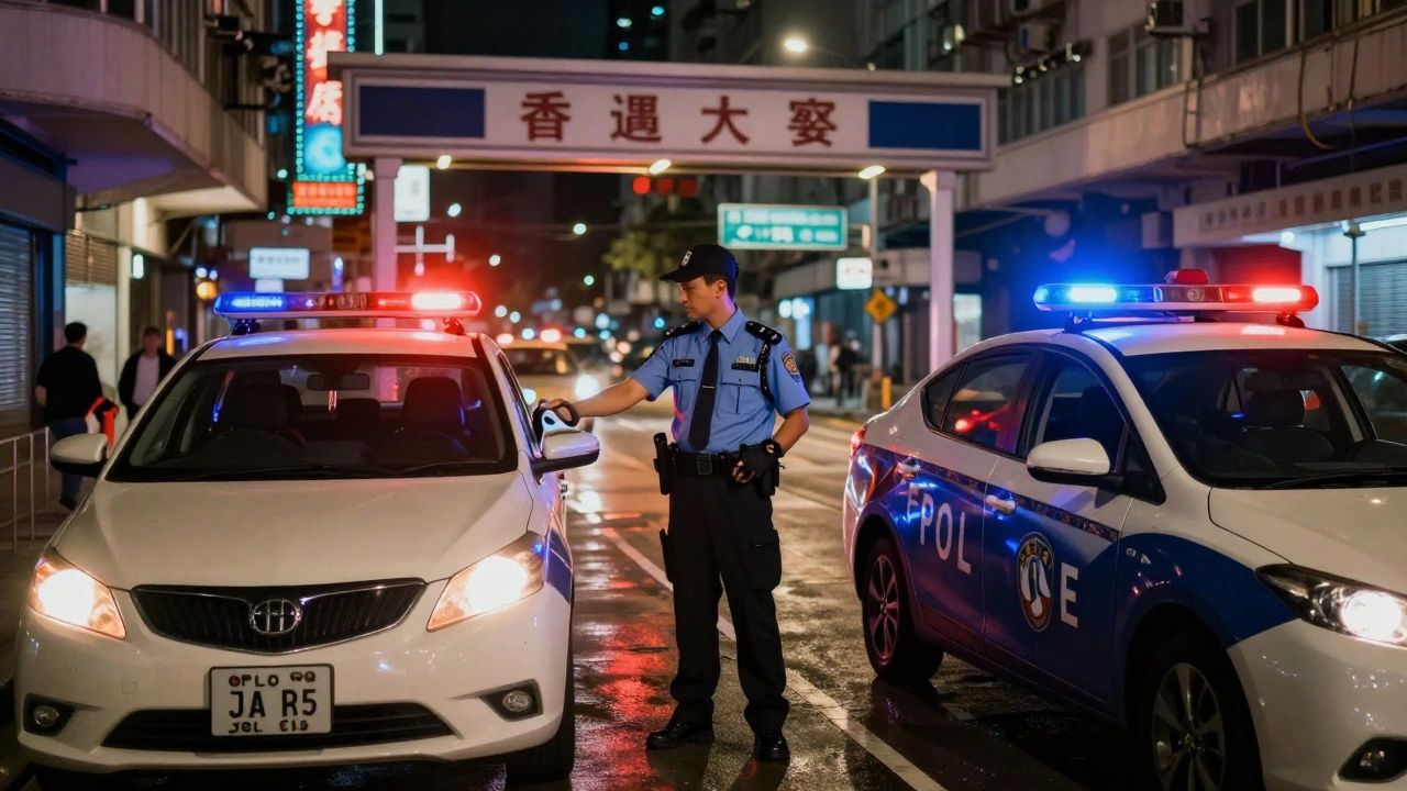 Police officer conducting a roadside breathalyzer test in Hong Kong
