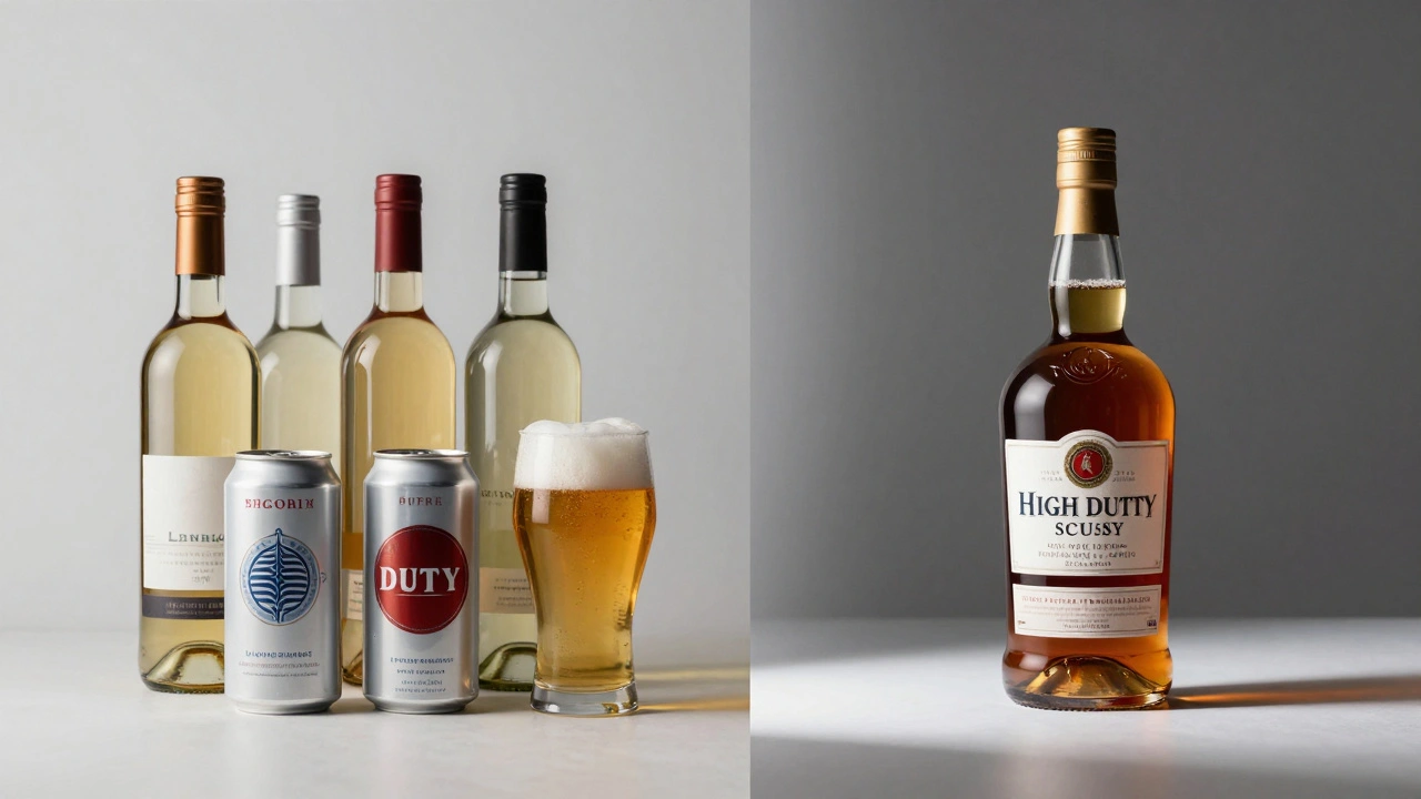 Selection of duty-free wine and beer next to a high-tax spirit bottle